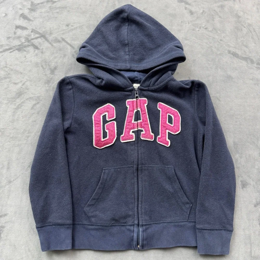 Gap Kids Navy Blue Pink Glitter Logo Fleece Zip Up Hoodie Sweatshirt Size M 8
